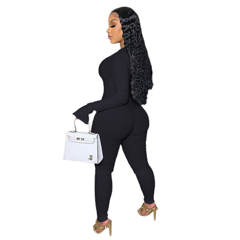 Women's Sexy Solid Color Metal Chain Long Sleeve Jumpsuit